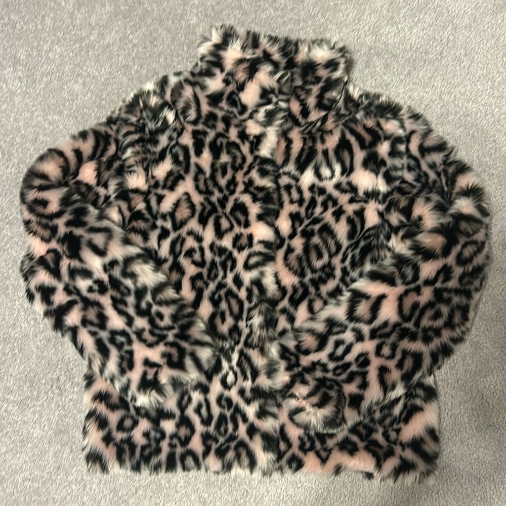 Aqua Pink Leopard Print Faux Fur Plush Jacket